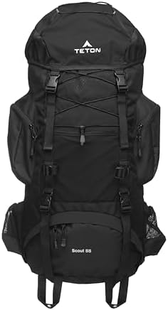 Teton 55L Scout Internal Frame Backpack for Hiking, Camping, Backpacking, Travel, Rain Cover Included, Black by Teton