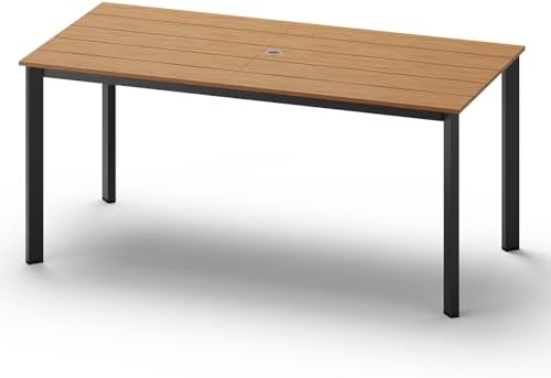 Outdoor Dining Table, Aluminum Patio HDPS Outdooor Table with Umbrella Hole, All Weather Patio Furniture Set, Patio Dining Table (Gray & Teak) by ComfCove