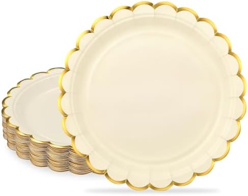NatNarr 30 Pk Ivory Dessert Plates 7" Scalloped Cream Plates with Gold Rim by NatNarr