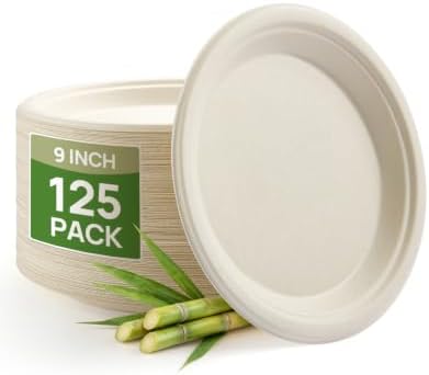Goodluck 9 Inch Natural Compostable Sugarcane Paper Plates 125 Pack by GoodLuck
