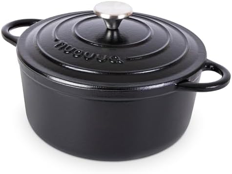 Cast Iron Pot with Lid-Non-Stick Ovenproof Enamelled Casserole Pot, Oven Safe up to 500° F-Sturdy Dutch Oven Cookware - Black, 5-Quart, 24cm-by Nuovva by Nuovva