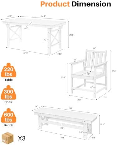 HDPE Outdoor Dining Set of 6, Patio Dining Table Set with 4 Chairs and 1 Bench, 6 Pieces HDPE Dining Set with Umbrella Hole, Outdoor Furniture Sets for Deck, Poolside, Garden, Pearl - Image 3