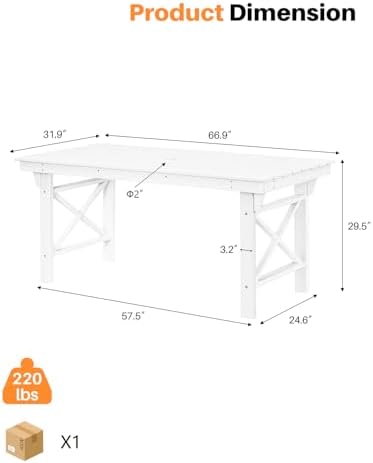 HDPE Outdoor Dining Table, 66.9” Rectangle Patio Dining Table for 6, All-Weather HDPE Outdoor Table with 2.2” Umbrella Hole, HDPE Patio Furniture for Deck, Backyard, Garden, Pool, Pearl - Image 4