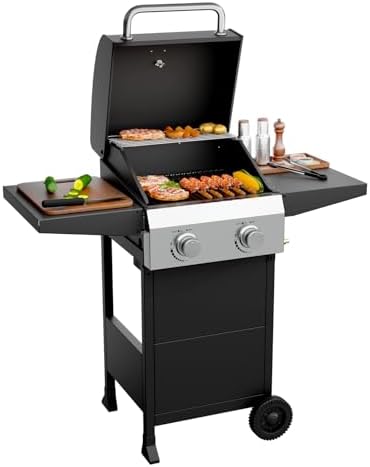ROVSUN 2 Burner Propane Gas Grill with Foldable Side Shelves, 24000BTU BBQ Grills with Enameled Cast Iron Grates, Cabinet & Poratable Rolling Wheels for Outdoor Garden Patio Backyard Barbecue Cooking by ROVSUN