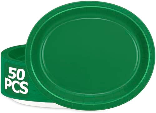 50 Pack Green Paper Plates Disposable Oval Dark Green Party Dinnerware Set by QZYL