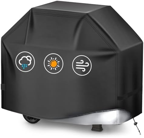 BBQ Gas Grill Cover for Outdoor, Anti-UV, Rip-Proof, 600D Oxford Fade Resistant Material, Barbecue Cover with Hook and Loop Straps & Adjustable Hem Drawstring (Black, 55”x23”x42”) by TIAOFY