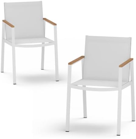 Outdoor Dining Chairs Set of 2, Aluminum Patio Armchairs, All Weather Patio Dining Furniture for Backyard, Deck, Poolside (White-Teak) by Oasbira