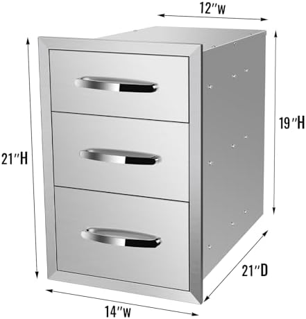 Outdoor Kitchen Drawers Stainless Steel, BBQ Drawer Inserts for Built-in Patio Grill Station, Triple Drawer, 14''W x 21''H x 21''D - Image 2