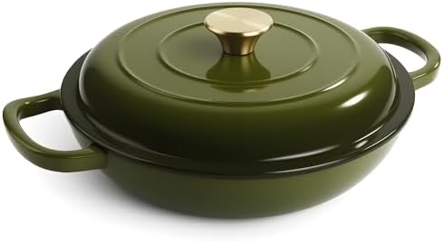 3 Quart Enameled Cast Iron Braiser, Non Stick Enameled Cast Iron Skillet with Lid, Dutch Oven Skillet with lid up to 500°F for Oven, Stove, Grill, Shallow Dutch Oven for Cook, Bake (Golden Green) by Fijinhom