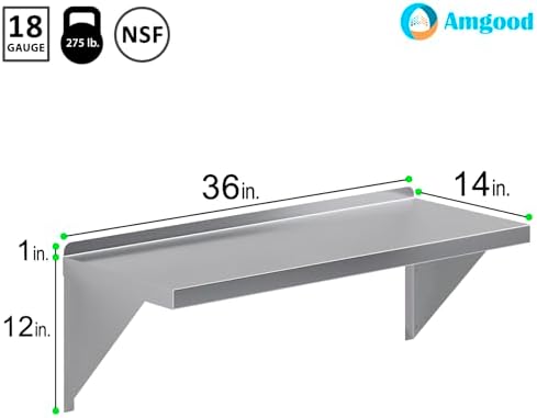AmGood 14" x 36" Stainless Steel Wall Shelf | Appliance & Equipment Metal Shelving | Kitchen, Restaurant, Garage, Laundry, Utility Room | Heavy Duty | Turned-Down Edge | NSF Certified - Image 3