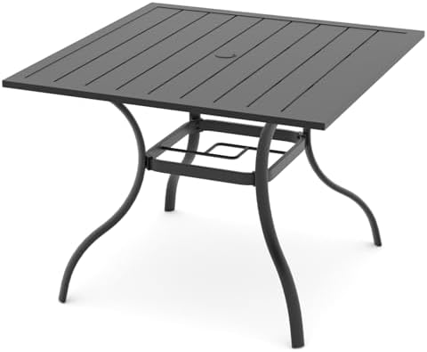 35" Square Metal Patio Dining Table with Slat Top and Umbrella Hole - Black - Image 4