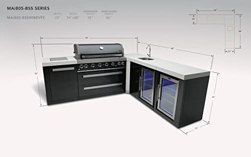 Mont Alpi 132"W x 23"D x 46"H Black Stainless Steel L-shaped Outdoor Kitchen Island + 2 Refrigerators + Beverage Center Faucet & Sink + 44"W 6-Burner BBQ Grill + Granite Countertops + Storage + Cover - Image 2