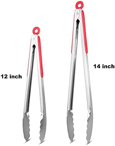 304 Stainless Steel Kitchen Cooking Tongs, 12 & 14 Inch, Set of 2, Red - Image 4
