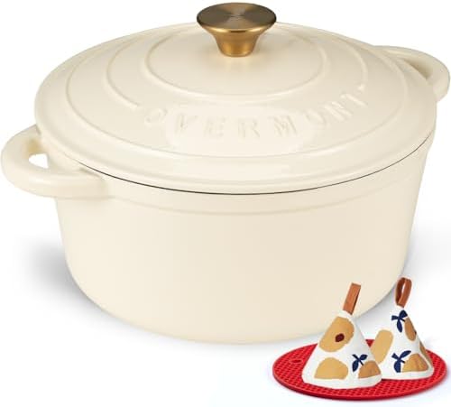 Overmont Enameled Cast Iron Dutch Oven - 4.5QT Pot with Lid Cookbook & Cotton Potholders - Heavy-Duty Cookware for Braising, Stews, Roasting, Sourdough Baking Cream White by Overmont