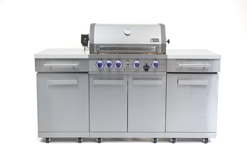 Mont Alpi Premium 70"W x 24"D Stainless Steel Compact Outdoor Kitchen Island with Access Doors + 32"W 4-Burner BBQ Gas Grill with Infrared Rear Burner + Storage Cabinets + White Granite Countertops by MontAlpi