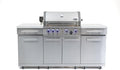 Mont Alpi Premium 70"W x 24"D Stainless Steel Compact Outdoor Kitchen Island with Access Doors + 32"W 4-Burner BBQ Gas Grill with Infrared Rear Burner + Storage Cabinets + White Granite Countertops by MontAlpi