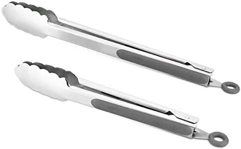 Premium 304 Stainless Steel Tongs Set – 12" Grill Tongs & 9" Cooking Tongs, Heat Resistant up to 600°F, Wavy Grip Head, Non‑Slip Handle with Locking Clip & Hanging Loop, Dishwasher Safe, Grey by ALLWIN-HOUSEWARE