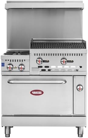 Kratos 36" Wide Commercial Gas Range with 24" Charbroiler, 2 Burners, and Full Size Oven, 154,000 BTU Output, Freestanding Range for Restaurants, Liquid Propane by Kratos