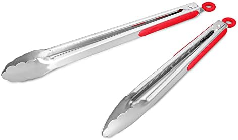 304 Stainless Steel Kitchen Cooking Tongs, 12 & 14 Inch, Set of 2, Red by ALLWIN-HOUSEWARE