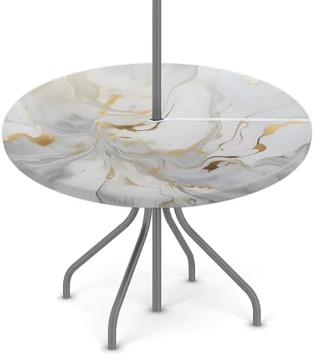 Fitted Round Tablecloth with Umbrella Hole and Zipper Marble Liquid Texture Outdoor Elastic Table Cloth 45"-56" Oil-Proof Waterproof White Gold Marble Patio Table Cover for Party Outdoor by GzLeyigouHomeKitchen