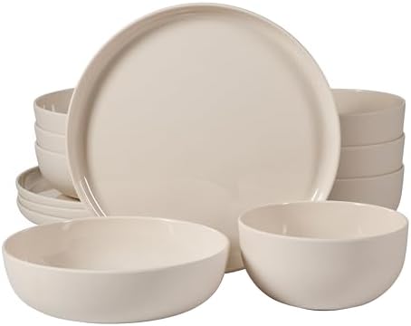 Gibson Home Candy Skies 12 Piece Unbreakable Wheat Straw Melamine Plates and Bowls Dinnerware Set - Outdoor, Camping, & Everyday Use - Matte Exterior/Shiny Interior Taupe Cream by GibsonHomewares