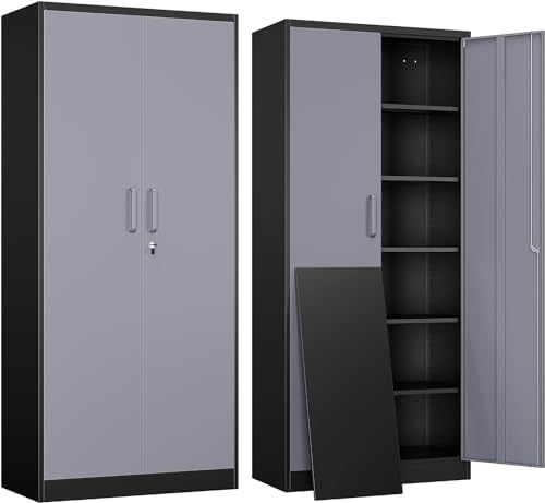 Yizosh Metal Garage Storage Cabinet with 2 Doors and 5 Adjustable Shelves - 71" Steel Lockable File Cabinet,Locking Tool Cabinets for Office,Home,Garage,Gym,School (Gray Black) by Yizosh