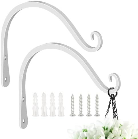 FEED GARDEN Heavy Duty Plant Hooks - 2 Pack 8 Inch Wall Mounted Hanging Brackets, 44lb Capacity Steel Plant Hangers for Bird Feeders, Baskets, Wind Chimes Outdoor Indoor- White by FEEDGARDEN
