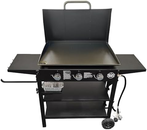Griller's Choice Gas Griddle with Hinged Hood & Wind Guards, 4 Shelves, Propane Griddle for Flat Grills Outdoor Cooking, Front Grease Management, Steel Flattop Grills Surface, Precision Heat Control by GrillersChoice