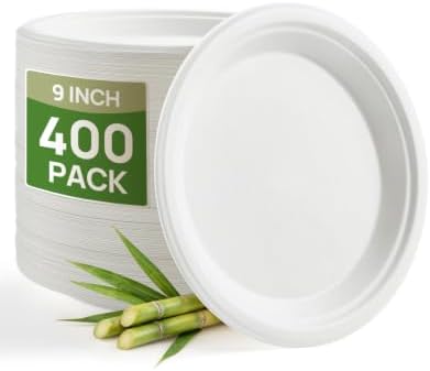 Goodluck 9 Inch White Compostable Sugarcane Paper Plates 400 Pack by GoodLuck