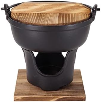 7" Cast Iron Japanese Sukiyaki Hot Pot, Cheese Fondue, Camping Cooking - Individual or Couple's Size - Nabe Shabu nabemono Pot, Alcohol Stove, Wooden Lid - Ideal for High-End Restaurants by TRUMDAKE
