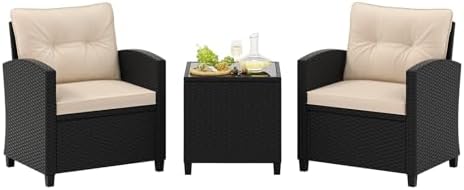 Tangkula 3 Piece Patio Furniture Set, Rattan Conversation Set w/Soft Seat & Back Cushions, Tempered Glass Topped Coffee Table, Cushioned Wicker Seating Set for Backyard, Porch, Poolside (Beige) by TANGKULA