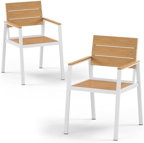 Outdoor Dining Chiars Set of 2, Aluminum Patio HDPS Outdooor Dining Chiars, All Weather Patio Furniture Set (White & Teak) by ComfCove