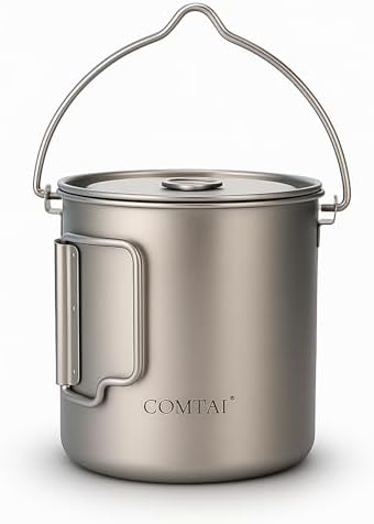 750ml/26oz Titanium Camping Pot with Lid and Foldable Handle, Ultralight Camping Mug for Hiking, Backpacking, Outdoor Cooking, and Travel by COMTAI