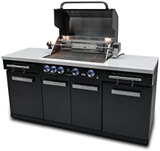 Mont Alpi Premium 70"W x 24"D Black Stainless Steel Compact Outdoor Kitchen Island with Access Doors + 32"W 4-Burner BBQ Grill with Infrared Rear Burner + Storage Cabinets + White Granite Countertops - Image 2