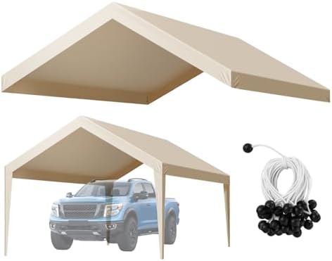VEVOR Carport Replacement Canopy Cover, 12 x 20 ft Potable Garage Tent Top Tarp, UV-Resistant & Waterproof Car Shelter Tarp, Heavy Duty Car Port Cover with Ball Buggees, Beige, Frame Not Included by VEVOR
