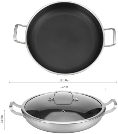 Yeksum Tri-Ply Stainless Steel Paella Pan Large Saute Pan with Lid (Stainless Steel, Hybrid 12INCH) - Image 3