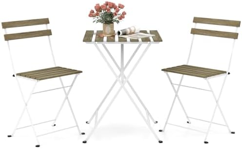 Giantex 3-Piece Acacia Wood Bistro Set, Patio Bistro Table with 2 Folding Chairs, Slatted Seat & Tabletop, Metal Frame, Outdoor Furniture Set for Backyard, Porch, Garden, Poolside (White + Gray) by Giantex