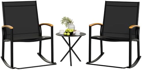 Shintenchi 3 Piece Outdoor Rocking Bistro Set, Textilene Fabric Small Patio Furniture Set, Front Porch Rocker Chairs Conversation Set with Table for Lawn, Garden, Balcony, Poolside (Black) by Shintenchi%7CFurnitureMadeforRealLife