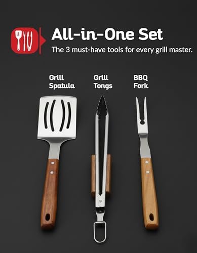 Professional Acacia Wood BBQ Tool Set (3 PCS) - Heavy Duty Stainless Steel Grill Accessories Kit with Spatula, Fork & Tongs - Durable Barbecue Utensils for Outdoor Cooking & Grilling - Image 2