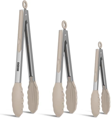 Kitchen Tongs, Stainless Steel Cooking Tongs with Silicone Tips by EEKEDO