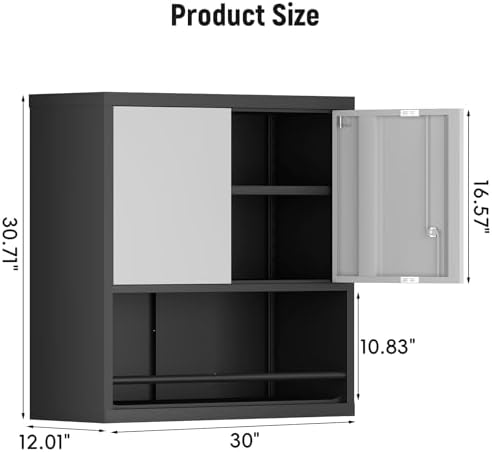 IRONFFICE Metal Garage Cabinet, Locking Cabinet with Adjustable Shelf, 2 Doors Cabinet for Tools, Hanging Cabinet for Basement, Black/Grey - Image 3