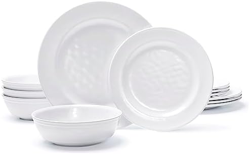 TP 12-Piece Melamine Dinnerware Sets, Plates and Bowls Dishes Set for 4, Break-Resistant & Non-Microwavable, Lightweight Dinner Plates, White by TastePrime