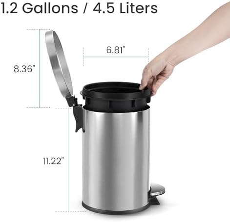 Cesun Small Round Bathroom Trash Can with Lid Soft Close, 1.2 Gal, Silver - Image 6