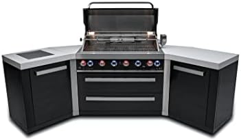 Mont Alpi Premium 110"W Black Stainless Steel U-shaped Deluxe Outdoor Kitchen Island with Infrared Side Burner + 44"W 6-Burner BBQ Grill + Granite Countertops + Storage Cabinets + Rotisserie + Cover by MontAlpi
