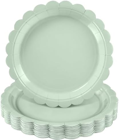NatNarr 30 Pk Sage Green Paper Plates 9" Scalloped Sage Baby Shower Plates by NatNarr