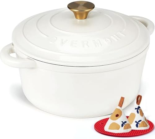 Overmont Enameled Cast Iron Dutch Oven - 7QT Pot with Lid Cookbook & Cotton Potholders - Heavy-Duty Cookware for Braising, Stews, Roasting, Bread Baking PearlWhite by Overmont