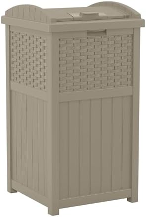Suncast Wicker Resin Outdoor Hideaway Trash Can with Latching Lid for Use in Backyard, Deck, or Patio, Dark Taupe by Unknown