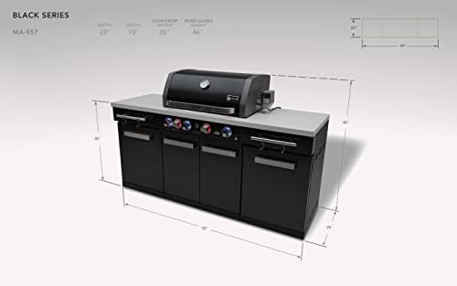Mont Alpi Premium 70"W x 24"D Black Stainless Steel Compact Outdoor Kitchen Island with Access Doors + 32"W 4-Burner BBQ Grill with Infrared Rear Burner + Storage Cabinets + White Granite Countertops - Image 6