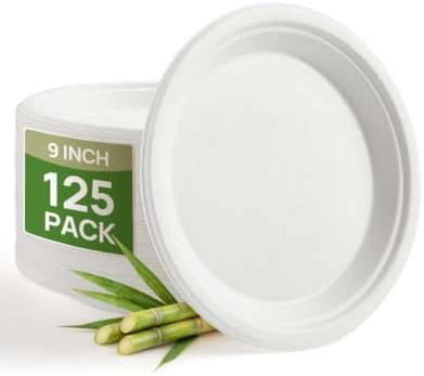 Goodluck 9 Inch White Compostable Sugarcane Paper Plates 125 Pack by GoodLuck