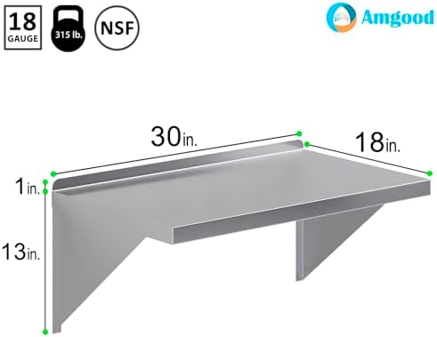 AmGood 18" x 30" Stainless Steel Wall Shelf | Appliance & Equipment Metal Shelving | Kitchen, Restaurant, Garage, Laundry, Utility Room | Heavy Duty | Turned-Down Edge | NSF Certified - Image 3